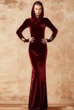 Burgundy Velvet Maxi Mermaid Holiday Party Dress with Sleeves