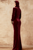 Burgundy Velvet Maxi Mermaid Holiday Party Dress with Sleeves