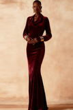 Burgundy Velvet Maxi Mermaid Holiday Party Dress with Sleeves
