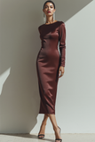 Brown Satin Sheath Maxi Evening Dress with Sleeves