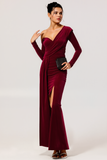 Burgundy Asymmetrical Neck Long Sleeves Holiday Party Dress