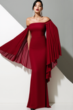 Burgundy Flowy Chiffon Mermaid Maxi Evening Dress with Side Cape
