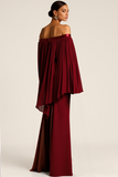 Burgundy Flowy Chiffon Mermaid Maxi Evening Dress with Side Cape