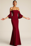 Burgundy Off the Shoulder Mermaid Long Formal Dress with Sleeves