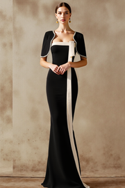 Black White Mermaid Long Formal Dress with Sleeves
