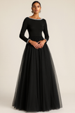Black Tulle Boat Neck Maxi Evening Dress with Sleeves