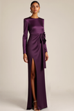 Dark Purple Round Neck Long Formal Dress with Bow