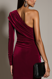 Burgundy Ruched Asymmetrical Neck Short Holiday Party Dress