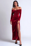 Burgundy Ruched Off the Shoulder Long Holiday Party Dress