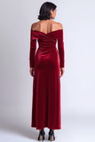Burgundy Ruched Off the Shoulder Long Holiday Party Dress