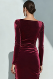 Burgundy Ruched Bodycon Midi Holiday Party Dress with Sleeves
