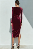 Burgundy Ruched Bodycon Midi Holiday Party Dress with Sleeves