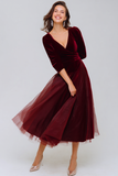 Burgundy A Line Velvet Maxi Holiday Party Dress with Sleeves
