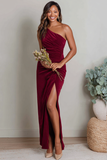 Burgundy Ruched Velvet One Shoulder Long Holiday Party Dress with Slit