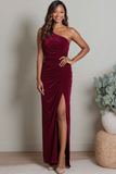 Burgundy Ruched Velvet One Shoulder Long Holiday Party Dress with Slit
