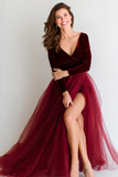 Burgundy Velvet V-Neck Maxi Holiday Party Dress with Slit