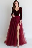 Burgundy Velvet V-Neck Maxi Holiday Party Dress with Slit