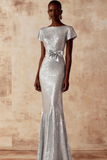 Sparkly Sequin Silver Mermaid Long Prom Dress with Bow