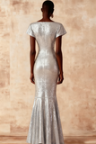 Sparkly Sequin Silver Mermaid Long Prom Dress with Bow