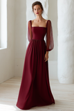 Burgundy Flowy Chiffon A Line Maxi Evening Dress with Sleeves