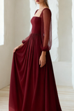 Burgundy Flowy Chiffon A Line Maxi Evening Dress with Sleeves
