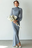 White Chiffon High Neck Long Wedding Dress with Sleeves