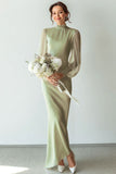 White Chiffon High Neck Long Wedding Dress with Sleeves
