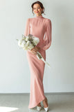 White Chiffon High Neck Long Wedding Dress with Sleeves