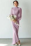 White Chiffon High Neck Long Wedding Dress with Sleeves