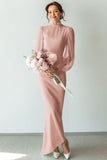 White Chiffon High Neck Long Wedding Dress with Sleeves