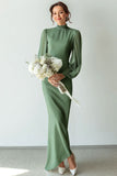 White Chiffon High Neck Long Wedding Dress with Sleeves