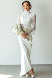 White Chiffon High Neck Long Wedding Dress with Sleeves