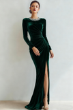 Dark Green Mermaid Velvet Ruched Long Holiday Party Dress with Slit