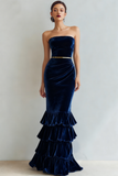 Navy Strapless Tiered Velvet Maxi Holiday Party Dress
