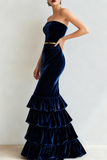 Navy Strapless Tiered Velvet Maxi Holiday Party Dress