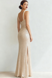 Sparkly Champagne Sequin Ruched Maxi Prom Dress