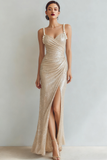 Sparkly Champagne Sequin Ruched Maxi Prom Dress