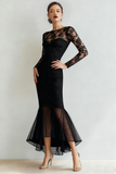 Black Lace Mermaid Maxi Evening Dress with Sleeves