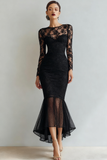 Black Lace Mermaid Maxi Evening Dress with Sleeves