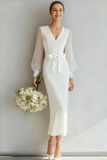 White V-Neck Sheath Long Sleeves Wedding Dress with Bow