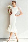 White Round Neck Mermaid Midi Wedding Dress