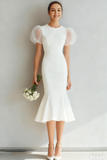 White Round Neck Mermaid Midi Wedding Dress