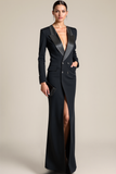 Black Peak Lapel Maxi Blazer Dress with Pockets