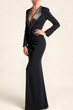 Black Peak Lapel Maxi Blazer Dress with Pockets