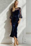 Navy Boat Neck Velvet Midi Holiday Party Dress with Lace