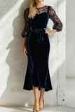Navy Boat Neck Velvet Midi Holiday Party Dress with Lace
