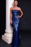Sparkly Navy Strapless Sequin Maxi Holiday Party Dress with Slit