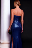 Sparkly Navy Strapless Sequin Maxi Holiday Party Dress with Slit