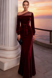 Burgundy Long Mermaid Velvet Holiday Party Dress with Sleeves