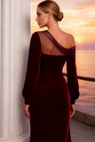Burgundy Long Mermaid Velvet Holiday Party Dress with Sleeves